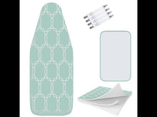 Load and play video in Gallery viewer, TriFusion Silicone Ironing Board Cover - Scorch Proof with Bonus Adjustable Fasteners and Protective Mesh (18&quot; X 49&quot; - Light Blue)
