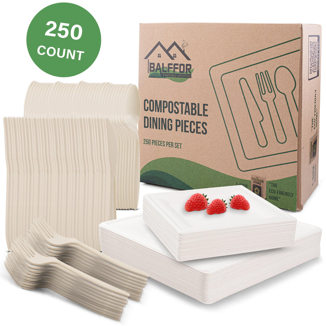 Square Compostable Eco-Friendly Plates & Silverware 250 Count Set
