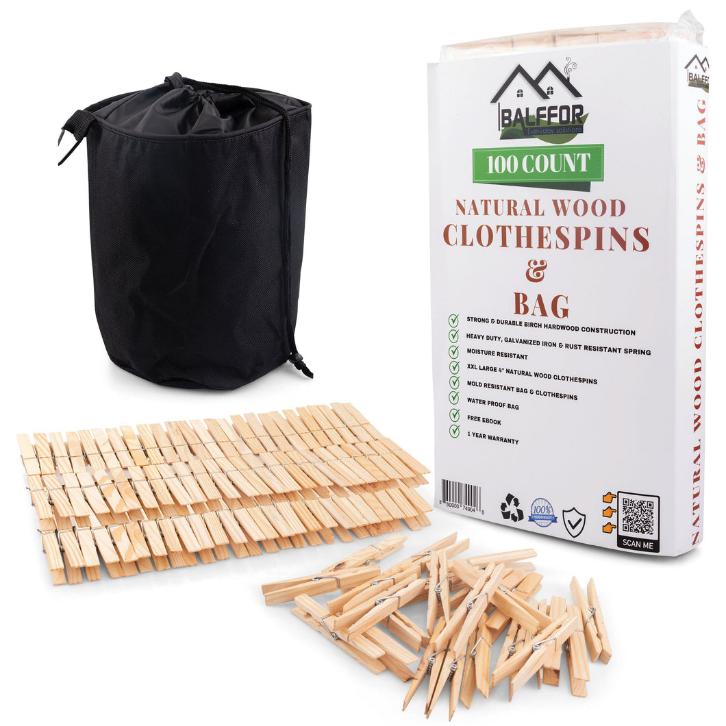 Natural Wood Clothespins & Clothespin Bag - 100 Large Laundry Pegs with Large Clothes Pins Bag